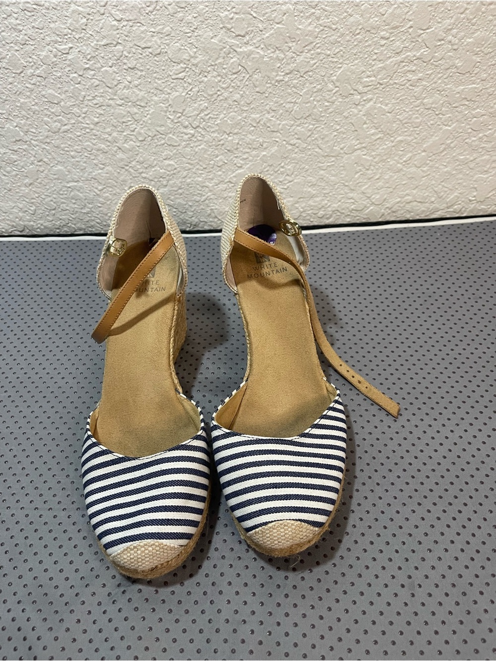White Mountain Navy and White Striped Espadrille Wedge Sandals